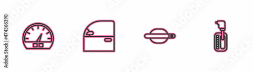 Set line Speedometer, Car door handle, and Gear shifter icon. Vector