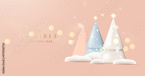 Christmas background. Winter landscape and 3d cute Christmas tree with falling snowflakes. Xmas background. Banner, posters, cards, headers, website
