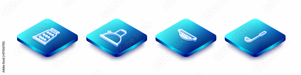 Set Isometric line Grater, Kettle with handle, Kitchen colander and ladle icon. Vector Set Isometric line Grater, Kettle with handle, Kitchen colander and ladle icon. Vector