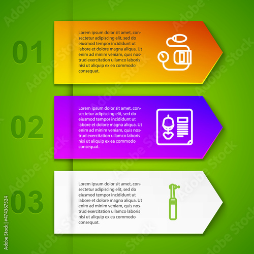 Set line Blood pressure, X-ray shots, Tooth drill and Monitor with cardiogram. Business infographic template. Vector