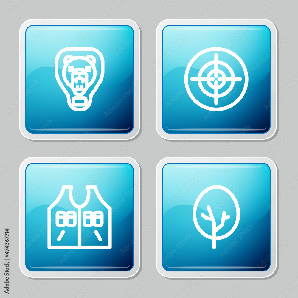 Set line Bear head on shield, Target sport, Hunting jacket and Tree icon. Vector Set line Bear head on shield, Target sport, Hunting jacket and Tree icon. Vector