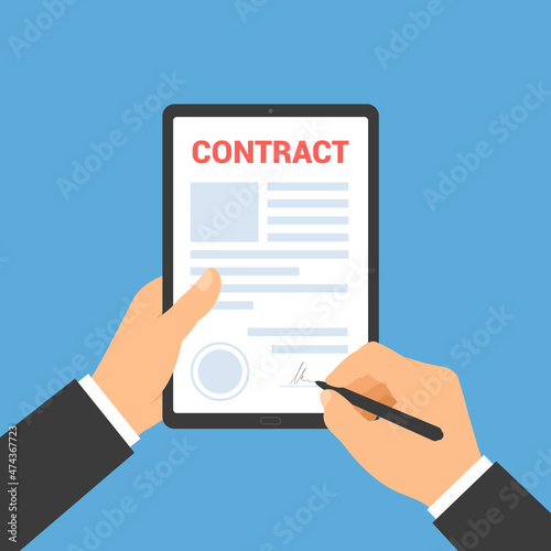 Flat design illustration of a hand of a manager or clerk holding a touch screen tablet. Pen signs a business contract on a blue background, vector