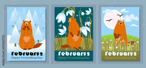 Happy groundhog day design with cute marmots. Marmot or beaver wild animal relax on nature vector illustration. Funny character. set of greeting cards. Vector illustration
