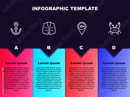 Set line Anchor, Fishing jacket, Location fishing and Crab. Business infographic template. Vector