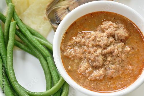 Фотография spicy mashed mackerel and fermenting fish chili sauce paste eat couple boiled ve
