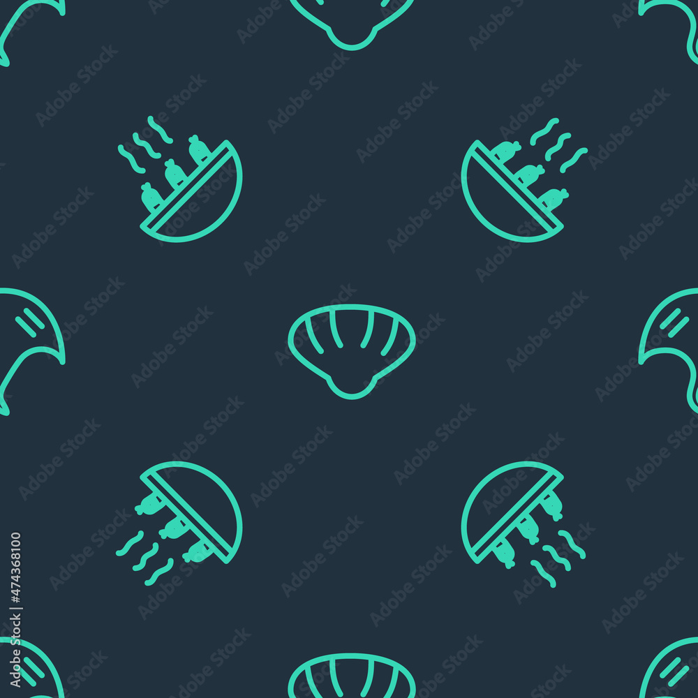 Set line Scallop sea shell, Soup with shrimps and Stingray on seamless pattern. Vector