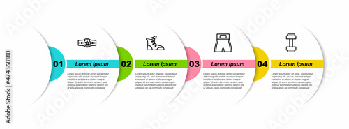 Set line Boxing belt, Sport boxing shoes, short and Dumbbell. Business infographic template. Vector