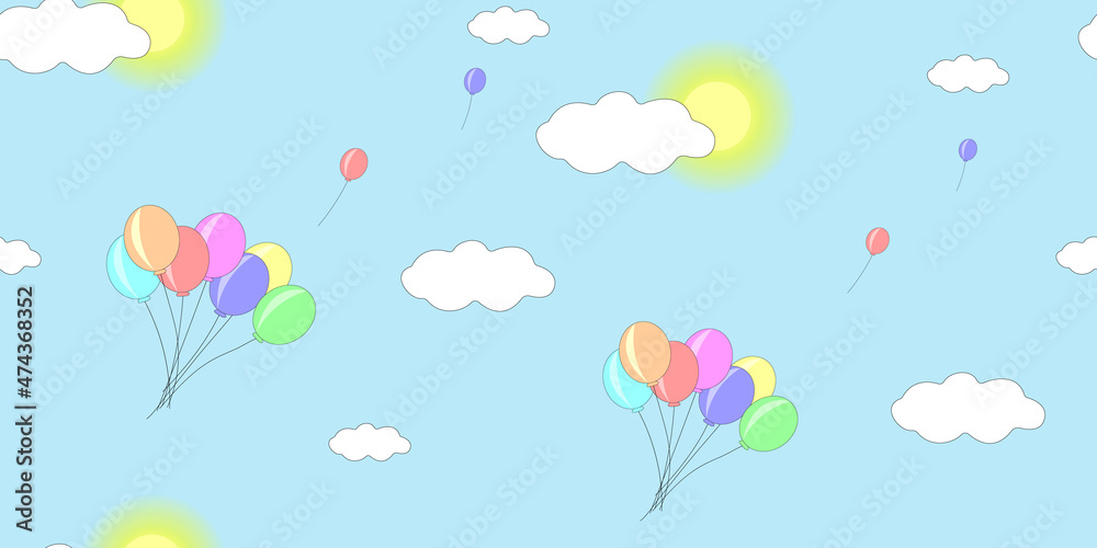 Vector seamless pattern with multicolored balloons on a blue sky background