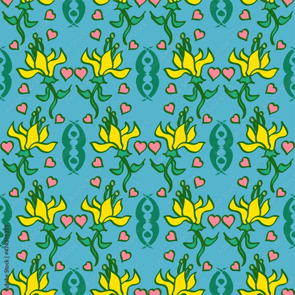 Sweet Fresh Floral Vector Repeat Pattern In Blue And Yellow