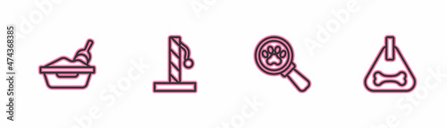 Set line Cat litter tray with shovel, Veterinary clinic, scratching post and Dog collar icon. Vector