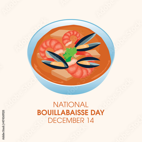 National Bouillabaisse Day vector. Bowl of soup with shrimp, mussels and fish icon vector. Seafood soup icon vector. Bouillabaisse Day Poster, December 14. Important day