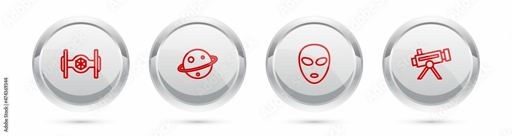 Set line Cosmic ship, Planet Saturn, Alien and Telescope. Silver circle button. Vector