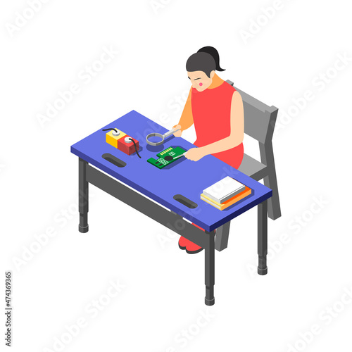 Children technical training centers isometric compositions set with robotic control systems programming science classes isolated vector illustration