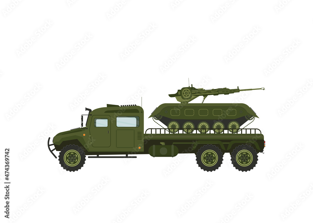A military tractor vehicle transports a tank. Transportation of military equipment. Vector.