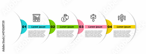 Set line Pie chart infographic, Debt ball chained to coin, Briefcase and Dollar rate decrease. Business infographic template. Vector