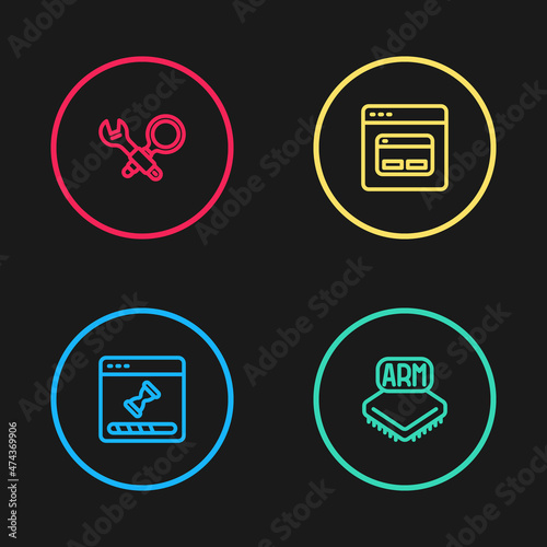 Set line Loading data window, Processor, Search engine and Debugging icon. Vector