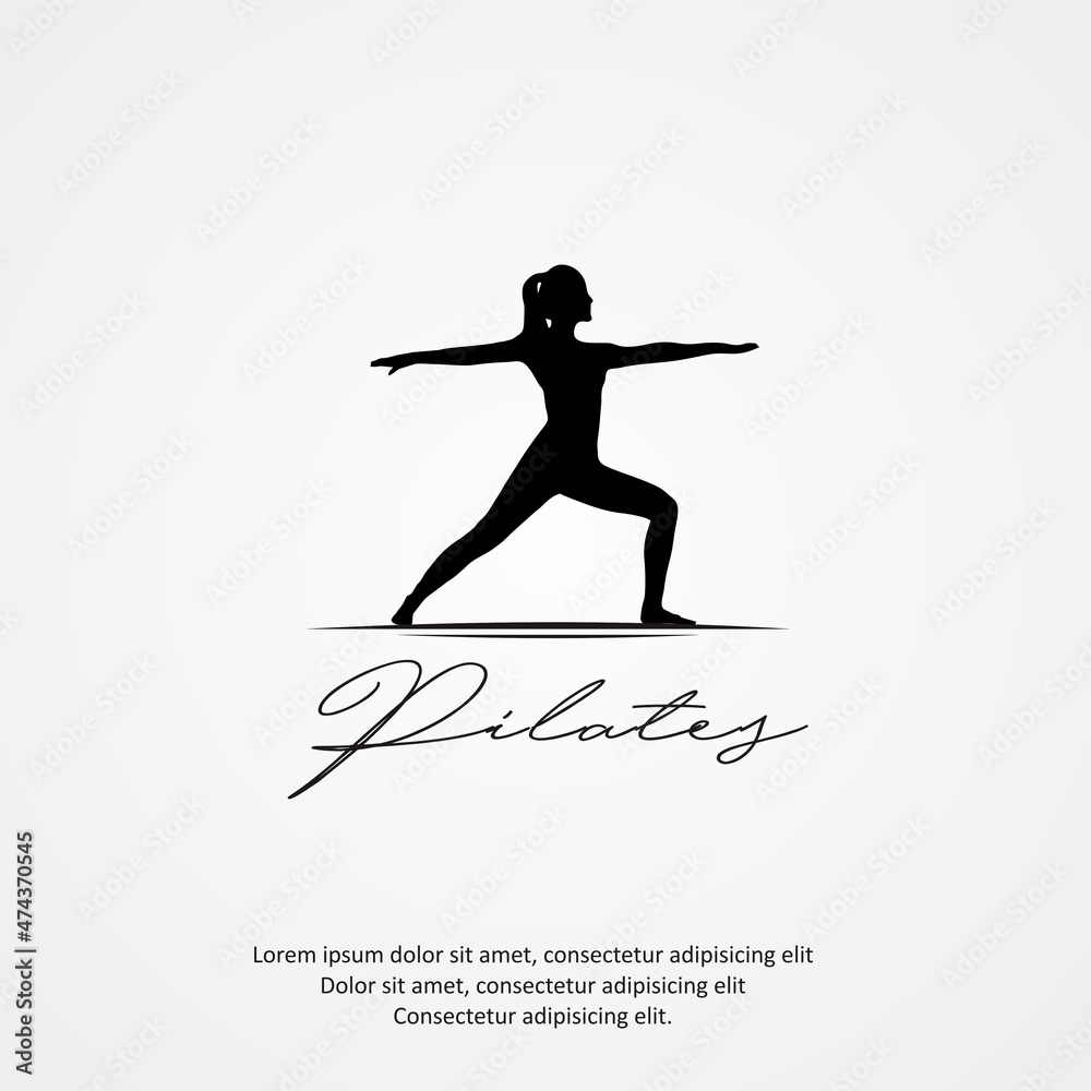 Naklejka premium standing on back hands Pilates Pose Woman Silhouette, Girl with Beauty Body and Facial Hair in gym logo design