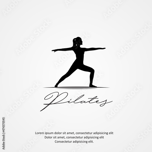 standing on back hands Pilates Pose Woman Silhouette, Girl with Beauty Body and Facial Hair in gym logo design