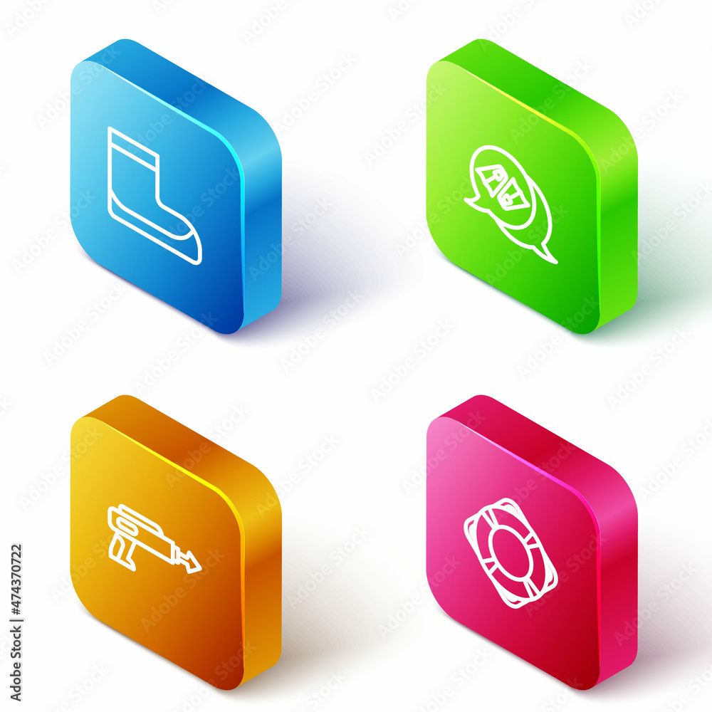 Set Isometric line Boots, Flippers for swimming, Fishing harpoon and Lifebuoy icon. Vector Set Isometric line Boots, Flippers for swimming, Fishing harpoon and Lifebuoy icon. Vector