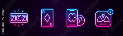 Set line Slot machine with jackpot, Playing card diamonds, Online poker table game and Lucky wheel. Glowing neon icon. Vector