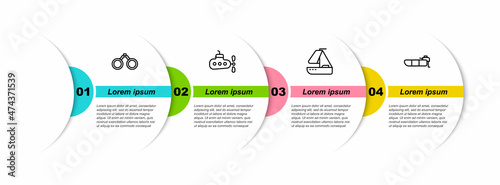 Set line Binoculars, Submarine, Yacht sailboat and Inflatable with motor. Business infographic template. Vector