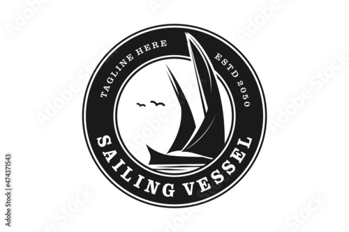 Sailing Boat Ship Silhouette Vintage Retro Rustic Emblem Logo Design