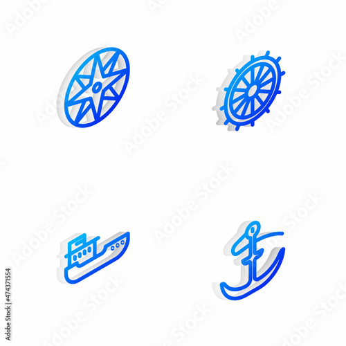 Set Isometric line Ship steering wheel, Wind rose, Cargo ship and Anchor icon. Vector
