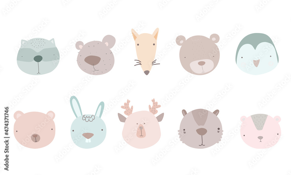Set of cute animal heads. Cartoon zoo. Collection of cute animal characters in cartoon style. Penguin, fox, bear, raccoon, hare, deer. Vector. Set of cute animal heads. Cartoon zoo. Collection of cute animal characters in cartoon style. Penguin, fox, bear, raccoon, hare, deer. Vector.