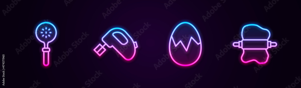 Set line Spatula, Electric mixer, Broken egg and Rolling pin on dough. Glowing neon icon. Vector