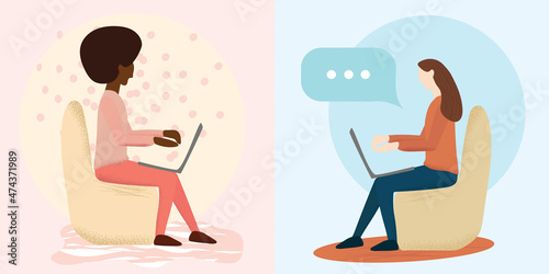 Young women with laptops sitting on the chair and working or studying. Freelance, home office and remote education concept