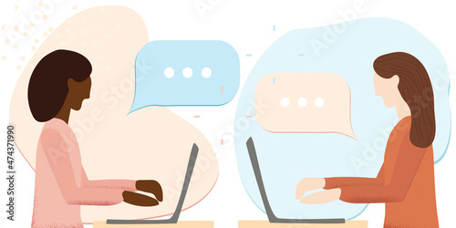 Two young women sitting with their laptops and talking. Office, online communication, social networks concept