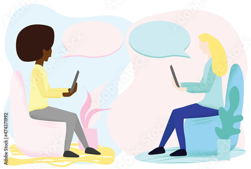 Two young women sitting and talking with their mobile phones or tablets. Remote communication, social network and online technology concept