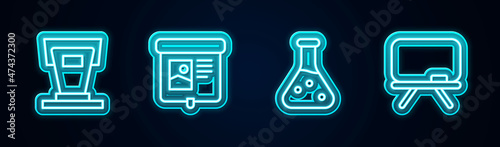 Set line Stage stand, Projection screen, Test tube and Chalkboard. Glowing neon icon. Vector
