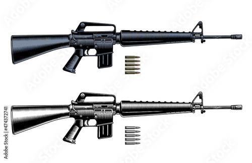 M16 assault rifle or machine gun and ammo cartridges, monochrome black and white and color vector illustration. photo