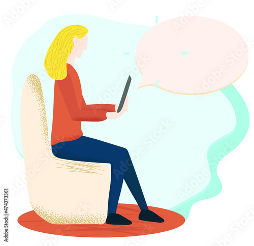 Young woman sitting in the chair with the tablet or smartphone in her hands. Online education, work and social networks concept