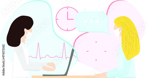 A doctor and a patient women in face masks talking during medical appointment in hospital. Therapist consultation, illness therapy and professional health care concept