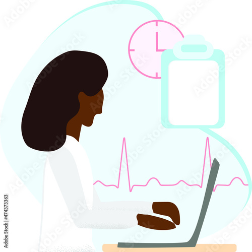 Young woman doctor sitting with the computer. Online medical consultation, courses and education concept.