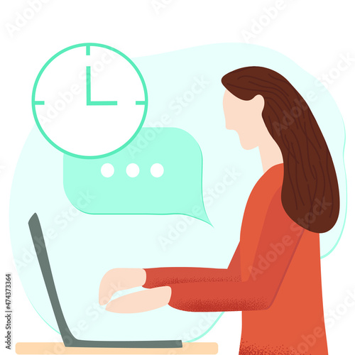 Young woman with the laptop sitting and working or studying. Freelance, home office and remote education concept
