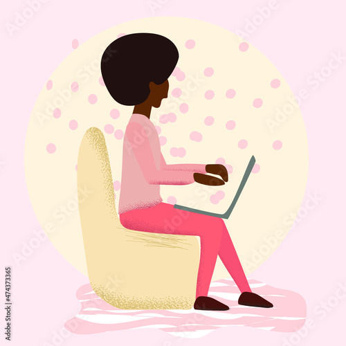 Young woman with the laptop sitting on the chair and working or studying. Freelance, home office and remote education concept
