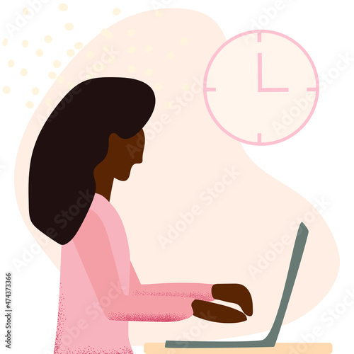 Young woman with the laptop sitting and working or studying. Freelance, programmer on laptop, home office and remote education concept
