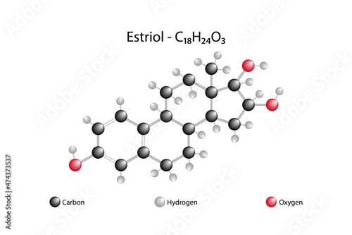 Molecular formula of estriol. Estriol is a steroid, a weak estrogen and female sex hormone. It is one of the three main endogenous estrogens. photo
