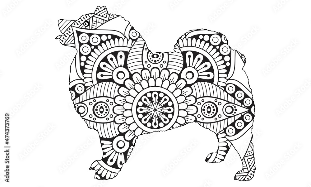 Hand drawn dog. Sketch for anti-stress adult coloring book in zen-tangle style. Vector illustration for coloring page.