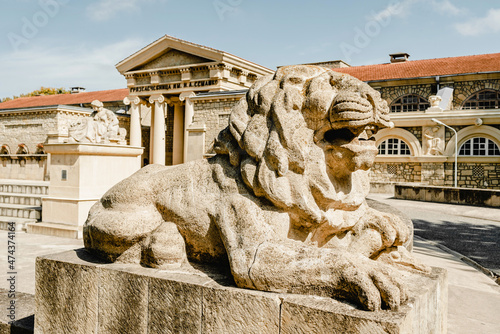 Lion sculpture at building of Semashko mud baths. Built in 1913-1915. Essentuki, Stavropol Territory, Russia. photo