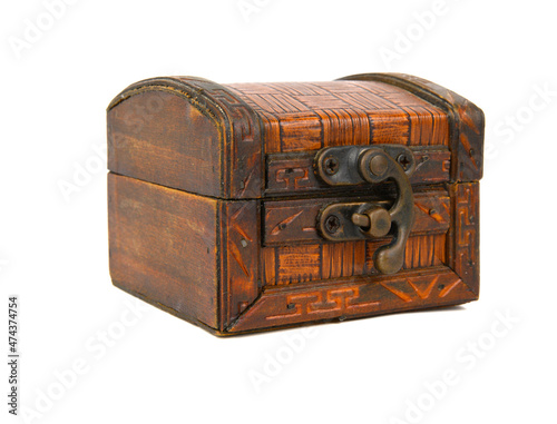 A box in the form of an old chest, upholstered in leather and with a massive iron latch
