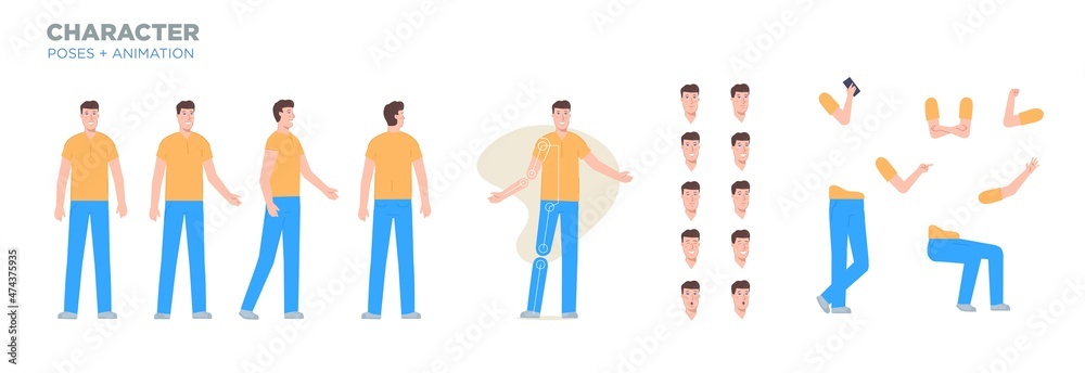 Man character for animation. Creation set with various views, face emotions, poses and gestures. Man character for animation. Creation set with various views, face emotions, poses and gestures.