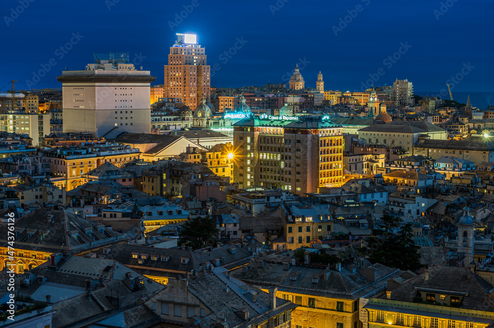Blue hour over the old town of Genoa