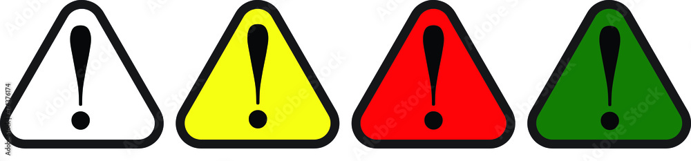 Caution icons set, exclamation mark, warning signs. Isolated attention triangle symbols on white background. Caution icons set, exclamation mark, warning signs. Isolated attention triangle symbols on white background.