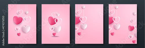 Valentine's day concept posters set. Vector illustration. 3d red and pink paper hearts with frame on geometric background. Cute love sale banners or greeting cards