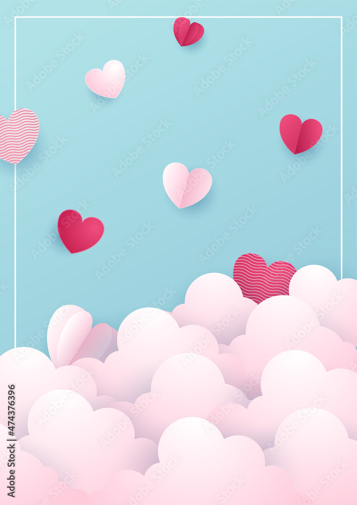 Valentine's day concept posters. Vector illustration. 3d blue and pink paper hearts with frame on geometric background. Cute love sale banners or greeting cards