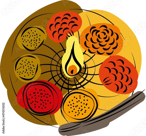 Pooja Thali, puja vector illustration. Hindu religious diwali decoration for celebrate and worship. Isolated brass plate with marigold flower, candle, turmeric powder